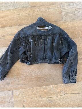 LF vintage one of a kind Distressed Black Cropped Denim Jacket with Fringe Detai